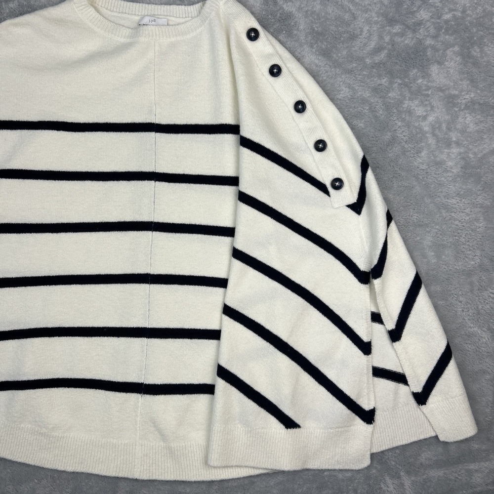 J Jill Knit Cape Sweater Poncho 1 Sz Ivory‎ Navy Stripe Soft Cozy Beachy Classic - Picture 4 of 8